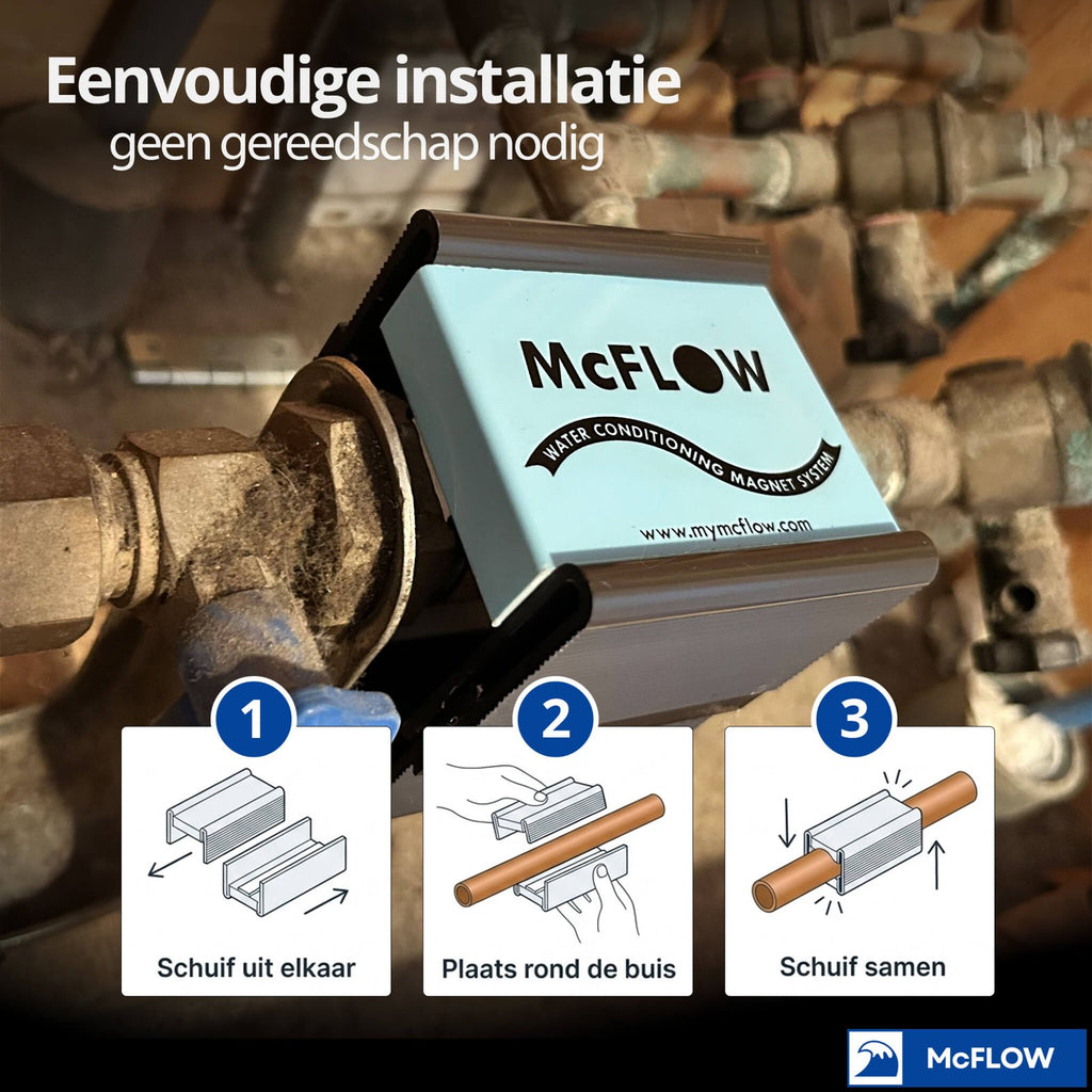 McFlow installeren in drie stappen: uit elkaar schuiven, rond de buis leggen, samenschuiven